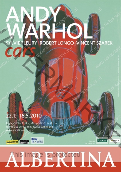 Albertina Plakat für Ausstellung, Andy Warhol Cars, Rennauto in rot auf grünem Hintergrud